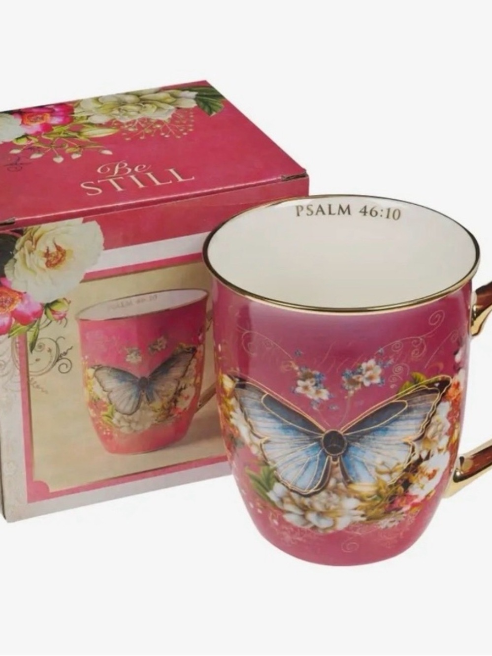 Floral Butterfly Pink Ceramic Mug with Gold Handle - Psalm 46:10